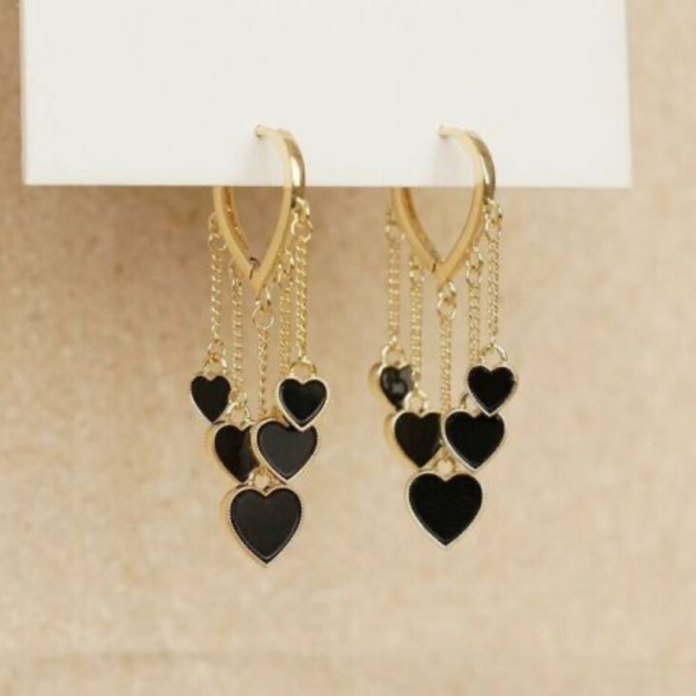 Black Heart Tassel Hoop Gold Dangle Hearts Earrings Nwt